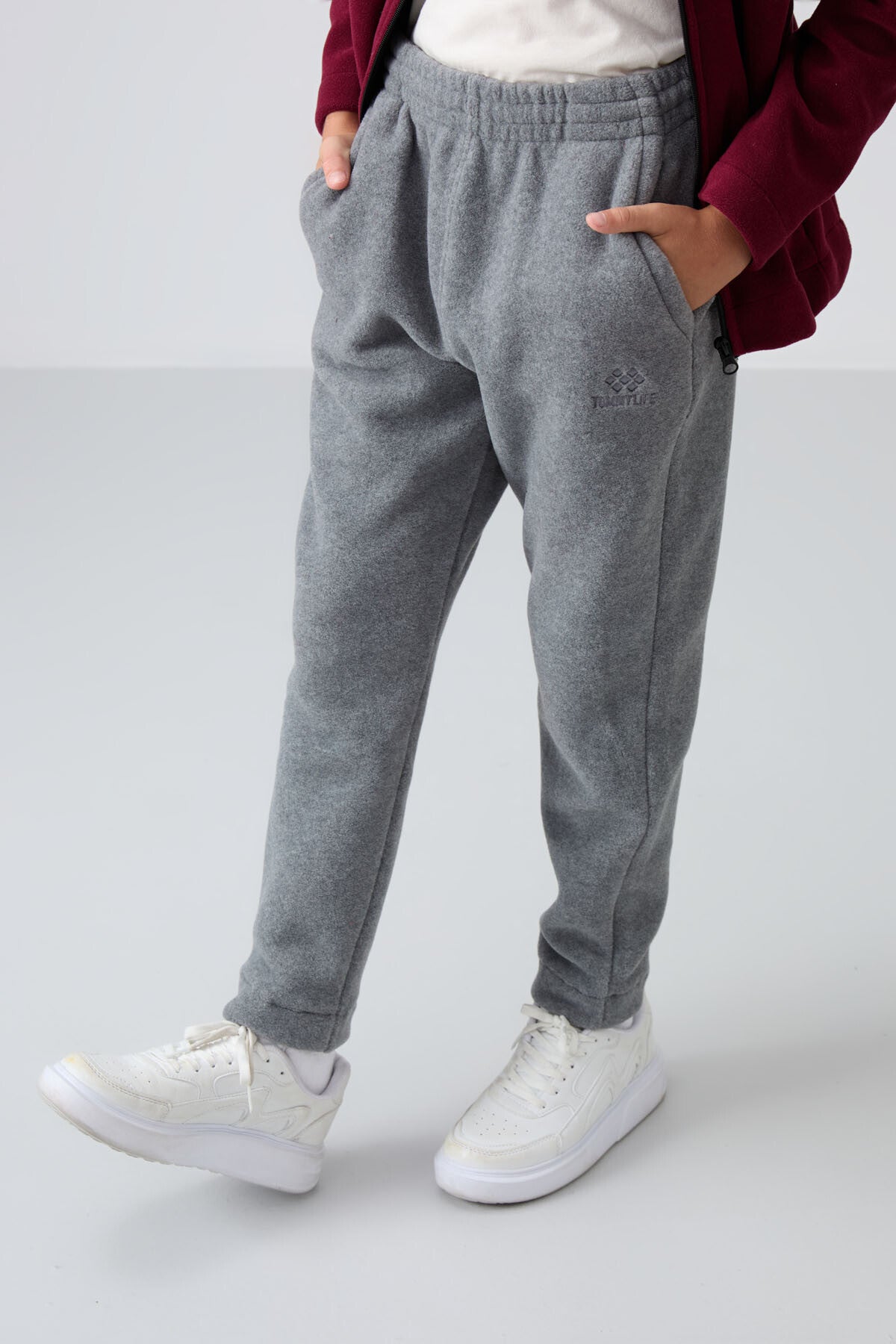 Grey Melange Thick Soft Textured Standard Fit Embroidered Fleece Boys' Tracksuit Bottom - 11219
