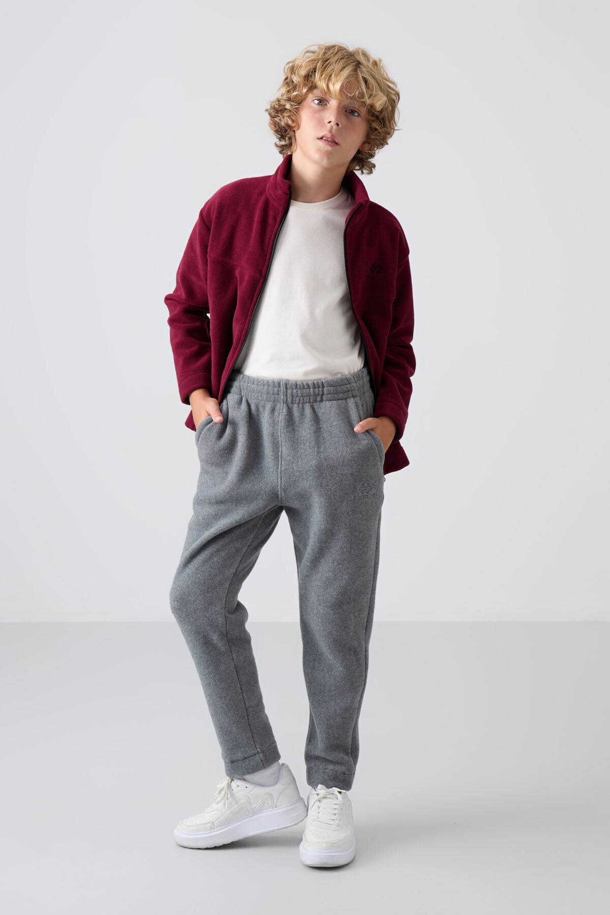 Grey Melange Thick Soft Textured Standard Fit Embroidered Fleece Boys' Tracksuit Bottom - 11219