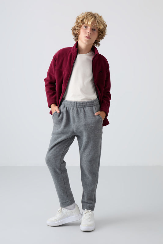 Grey Melange Thick Soft Textured Standard Fit Embroidered Fleece Boys' Tracksuit Bottom - 11219