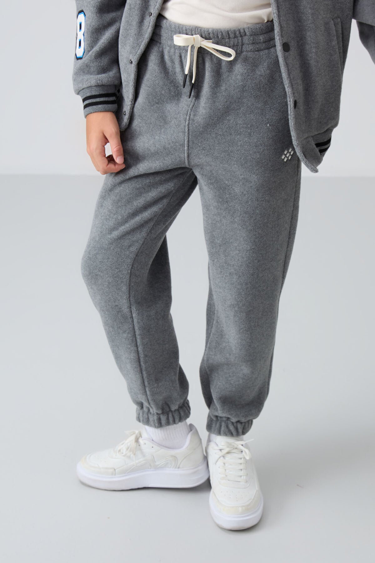 Grey Melange Thick Soft Textured Standard Fit Embroidered Fleece Boys' Tracksuit Bottom - 11220