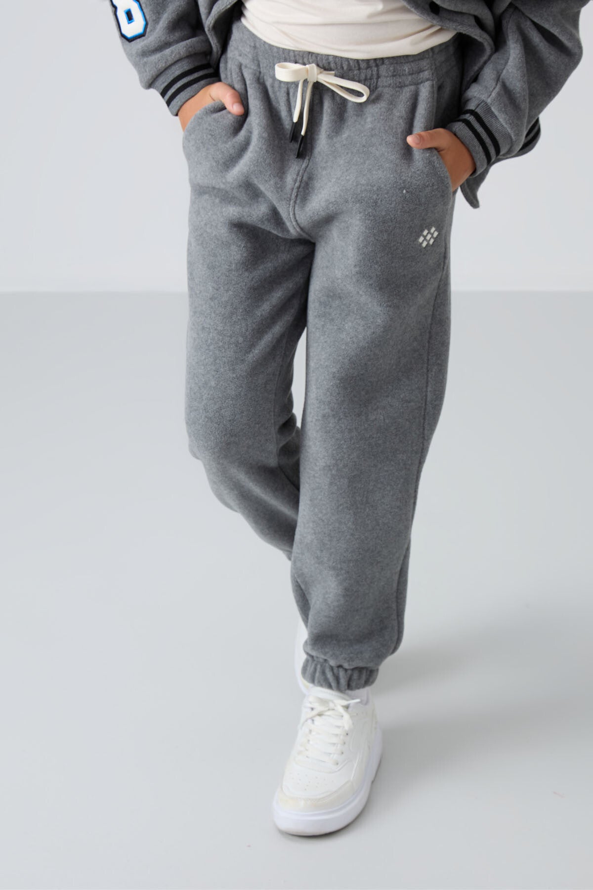 Grey Melange Thick Soft Textured Standard Fit Embroidered Fleece Boys' Tracksuit Bottom - 11220