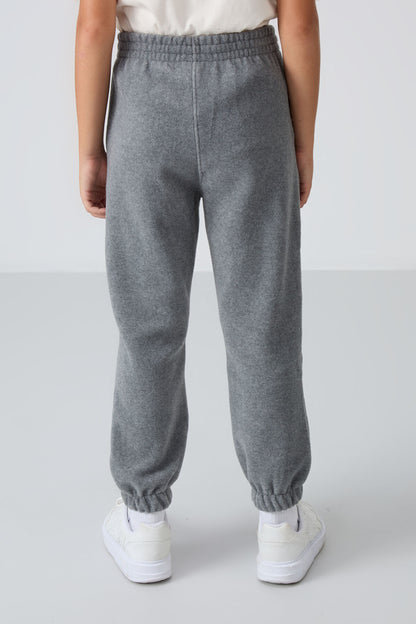 Grey Melange Thick Soft Textured Standard Fit Embroidered Fleece Boys' Tracksuit Bottom - 11220