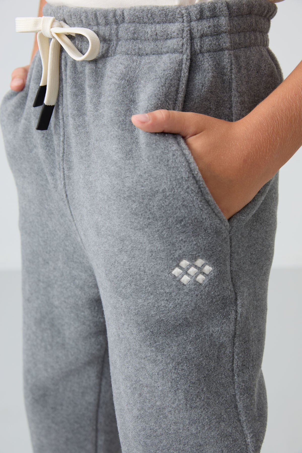 Grey Melange Thick Soft Textured Standard Fit Embroidered Fleece Boys' Tracksuit Bottom - 11220