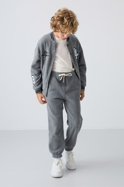Grey Melange Thick Soft Textured Standard Fit Embroidered Fleece Boys' Tracksuit Bottom - 11220