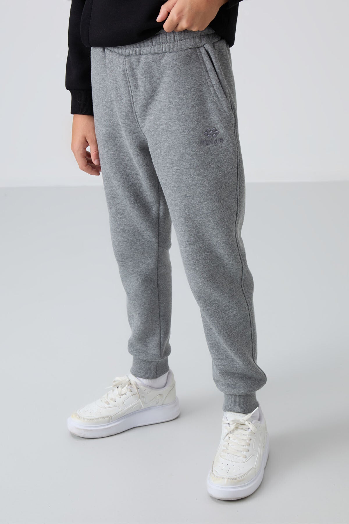Grey Melange Cotton Thick Fleece-Lined Soft Textured Standard Fit Embroidered Boys' Tracksuit Bottom - 11224
