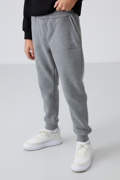 Grey Melange Cotton Thick Fleece-Lined Soft Textured Standard Fit Embroidered Boys' Tracksuit Bottom - 11224