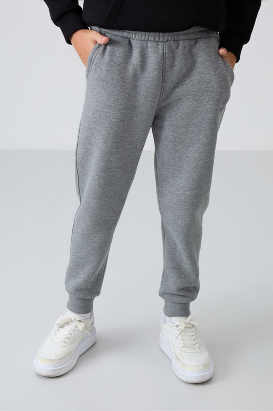 Grey Melange Cotton Thick Fleece-Lined Soft Textured Standard Fit Embroidered Boys' Tracksuit Bottom - 11224