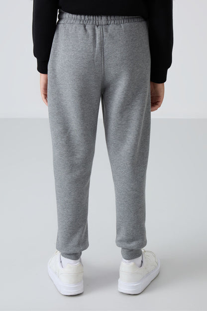 Grey Melange Cotton Thick Fleece-Lined Soft Textured Standard Fit Embroidered Boys' Tracksuit Bottom - 11224