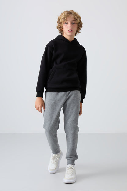Grey Melange Cotton Thick Fleece-Lined Soft Textured Standard Fit Embroidered Boys' Tracksuit Bottom - 11224