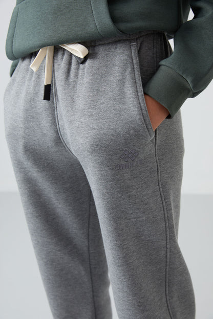 Grey Melange Cotton Thick Fleece-Lined Soft Textured Standard Fit Printed Boys' Tracksuit Bottom - 11225