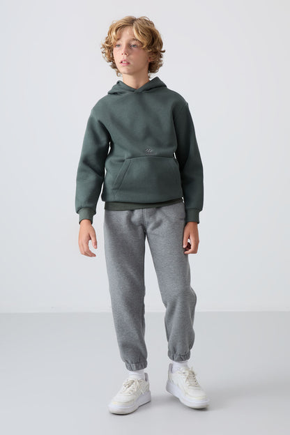 Grey Melange Cotton Thick Fleece-Lined Soft Textured Standard Fit Printed Boys' Tracksuit Bottom - 11225