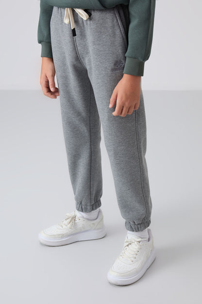 Grey Melange Cotton Thick Fleece-Lined Soft Textured Standard Fit Printed Boys' Tracksuit Bottom - 11225