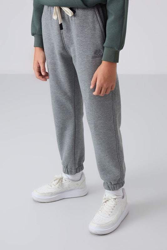Grey Melange Cotton Thick Fleece-Lined Soft Textured Standard Fit Printed Boys' Tracksuit Bottom - 11225