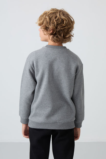 Grey Melange Cotton Thick Fleece-Lined Soft Textured Standard Fit Printed Boys' Sweatshirt - 11216