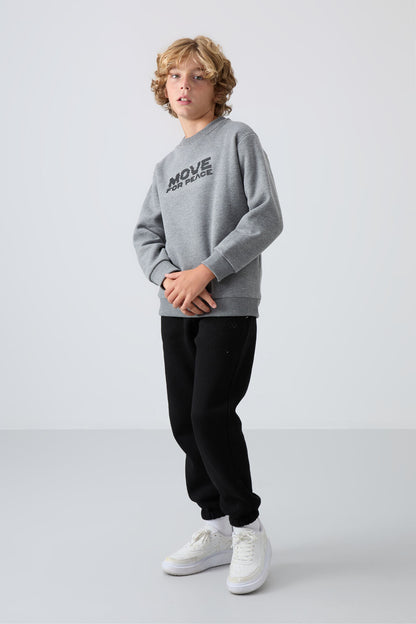Grey Melange Cotton Thick Fleece-Lined Soft Textured Standard Fit Printed Boys' Sweatshirt - 11216