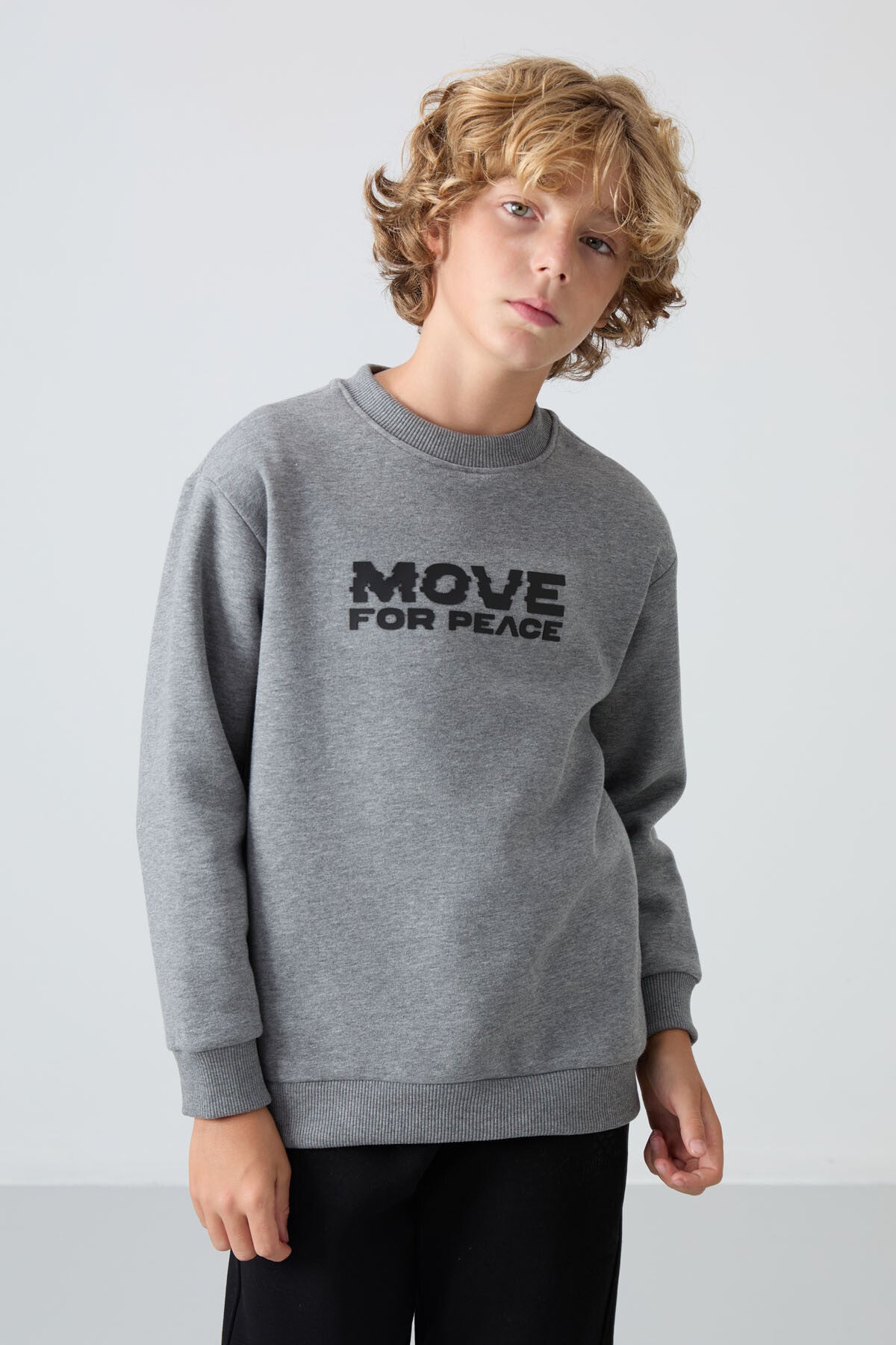Grey Melange Cotton Thick Fleece-Lined Soft Textured Standard Fit Printed Boys' Sweatshirt - 11216