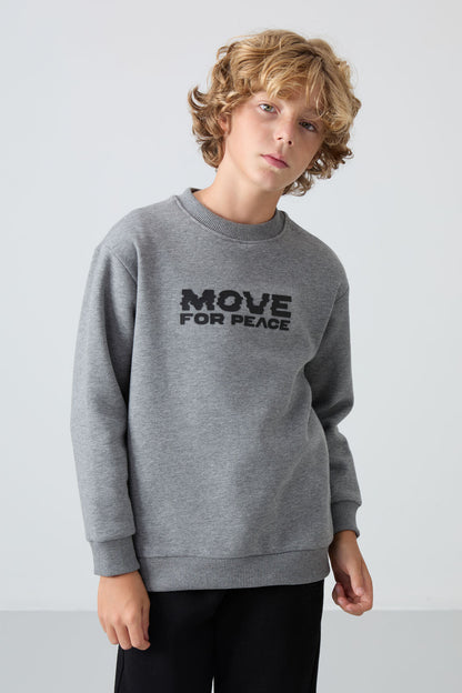 Grey Melange Cotton Thick Fleece-Lined Soft Textured Standard Fit Printed Boys' Sweatshirt - 11216