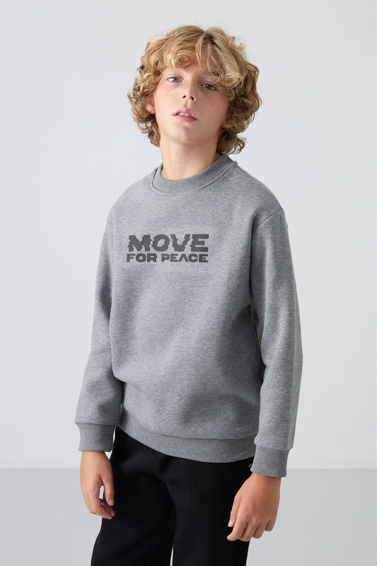 Grey Melange Cotton Thick Fleece-Lined Soft Textured Standard Fit Printed Boys' Sweatshirt - 11216