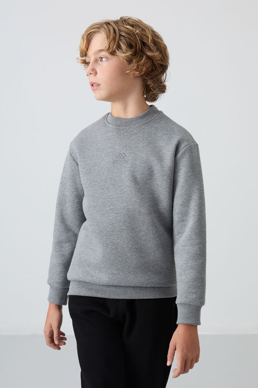 Grey Melange Cotton Thick Fleece-Lined Soft Textured Standard Fit Embroidered Boys' Sweatshirt - 11232