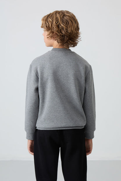 Grey Melange Cotton Thick Fleece-Lined Soft Textured Standard Fit Embroidered Boys' Sweatshirt - 11232