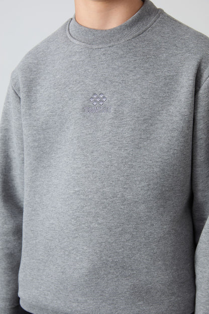 Grey Melange Cotton Thick Fleece-Lined Soft Textured Standard Fit Embroidered Boys' Sweatshirt - 11232