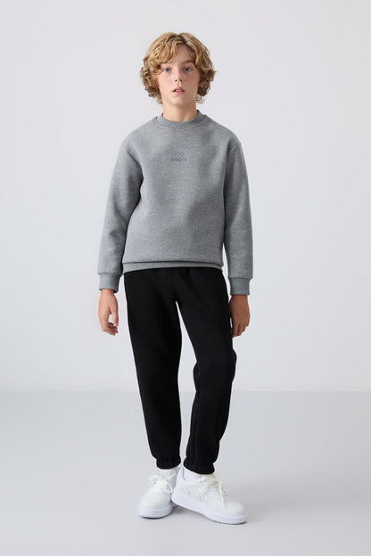 Grey Melange Cotton Thick Fleece-Lined Soft Textured Standard Fit Embroidered Boys' Sweatshirt - 11232