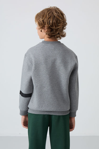 Grey Melange Cotton Thick Fleece-Lined Soft Textured Standard Fit Printed Boys' Sweatshirt - 11238