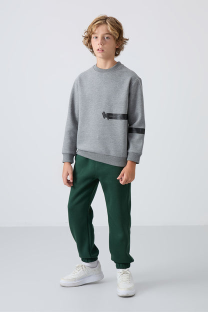 Grey Melange Cotton Thick Fleece-Lined Soft Textured Standard Fit Printed Boys' Sweatshirt - 11238