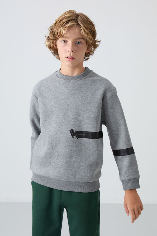Grey Melange Cotton Thick Fleece-Lined Soft Textured Standard Fit Printed Boys' Sweatshirt - 11238