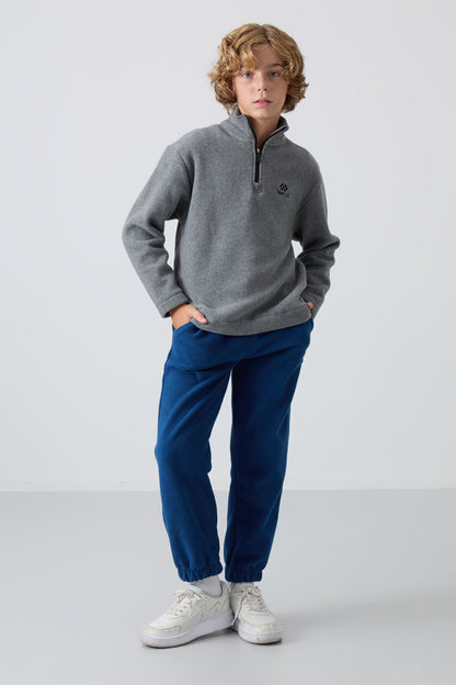 Grey Melange Thick Soft Textured Standard Fit Embroidered Fleece Boys' Sweatshirt - 11221