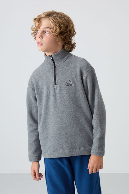 Grey Melange Thick Soft Textured Standard Fit Embroidered Fleece Boys' Sweatshirt - 11221