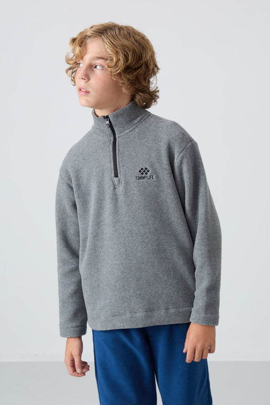 Grey Melange Thick Soft Textured Standard Fit Embroidered Fleece Boys' Sweatshirt - 11221