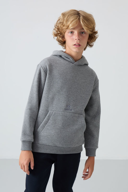 Grey Melange Cotton Thick Fleece-Lined Soft Textured Standard Fit Printed Boys' Sweatshirt - 11215
