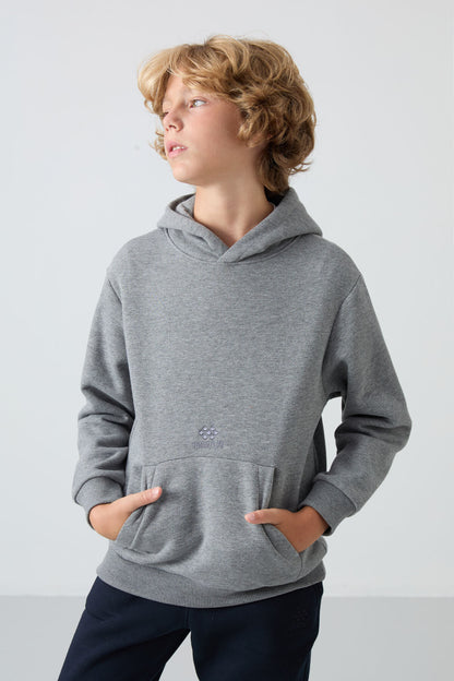 Grey Melange Cotton Thick Fleece-Lined Soft Textured Standard Fit Printed Boys' Sweatshirt - 11215