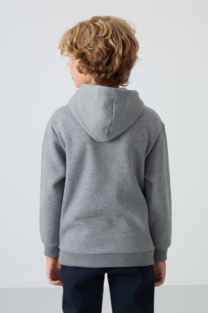 Grey Melange Cotton Thick Fleece-Lined Soft Textured Standard Fit Printed Boys' Sweatshirt - 11215