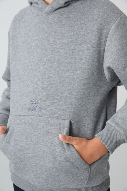 Grey Melange Cotton Thick Fleece-Lined Soft Textured Standard Fit Printed Boys' Sweatshirt - 11215