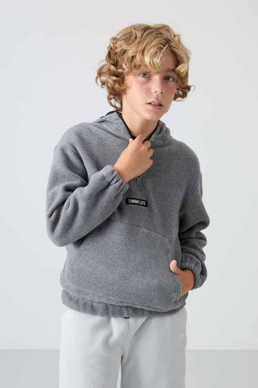 Grey Melange Thick Soft Textured Standard Fit Embroidered Fleece Boys' Sweatshirt - 11230