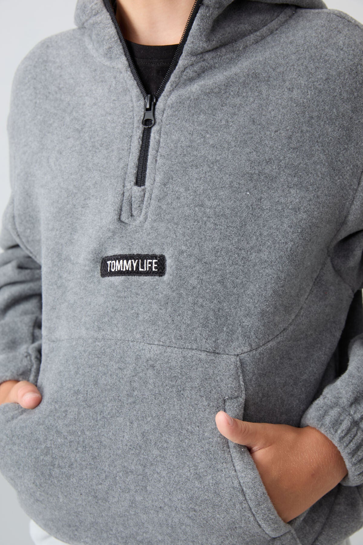 Grey Melange Thick Soft Textured Standard Fit Embroidered Fleece Boys' Sweatshirt - 11230