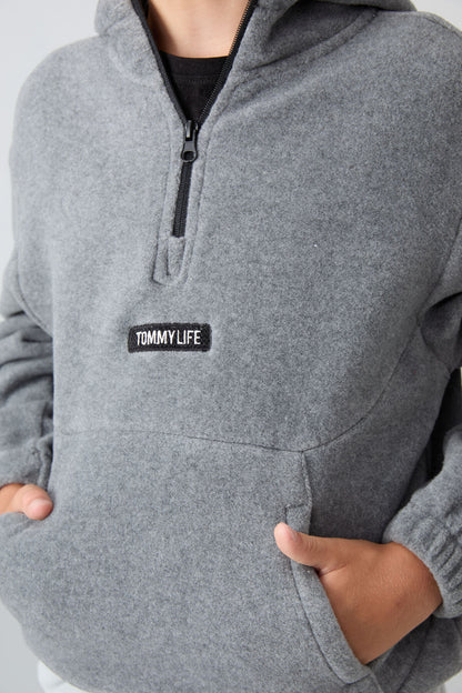 Grey Melange Thick Soft Textured Standard Fit Embroidered Fleece Boys' Sweatshirt - 11230