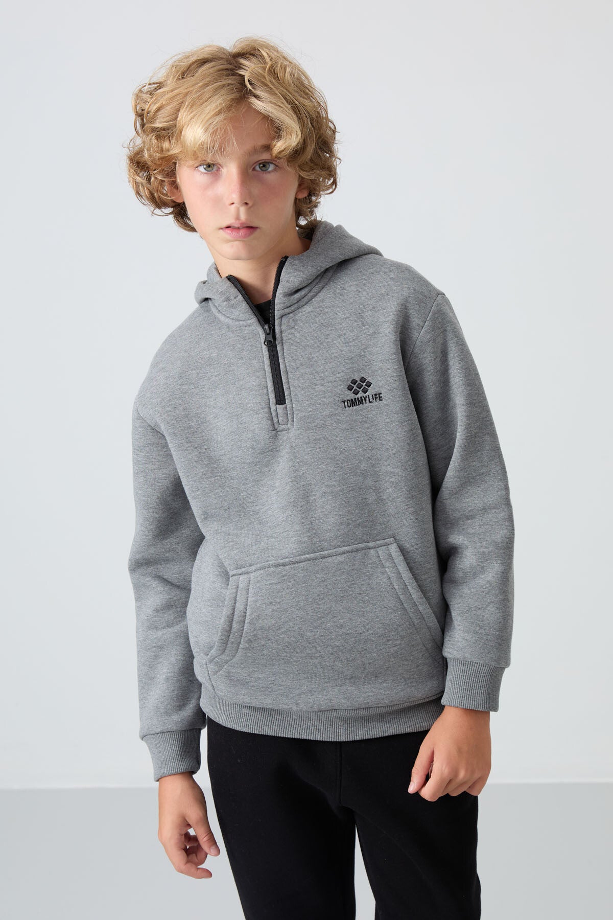 Grey Melange Cotton Thick Fleece-Lined Soft Textured Standard Fit Embroidered Boys' Sweatshirt - 11244