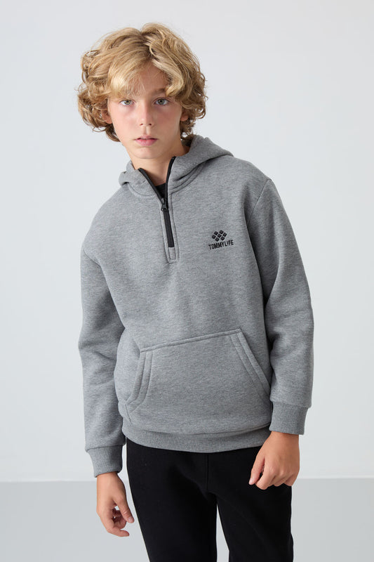Grey Melange Cotton Thick Fleece-Lined Soft Textured Standard Fit Embroidered Boys' Sweatshirt - 11244
