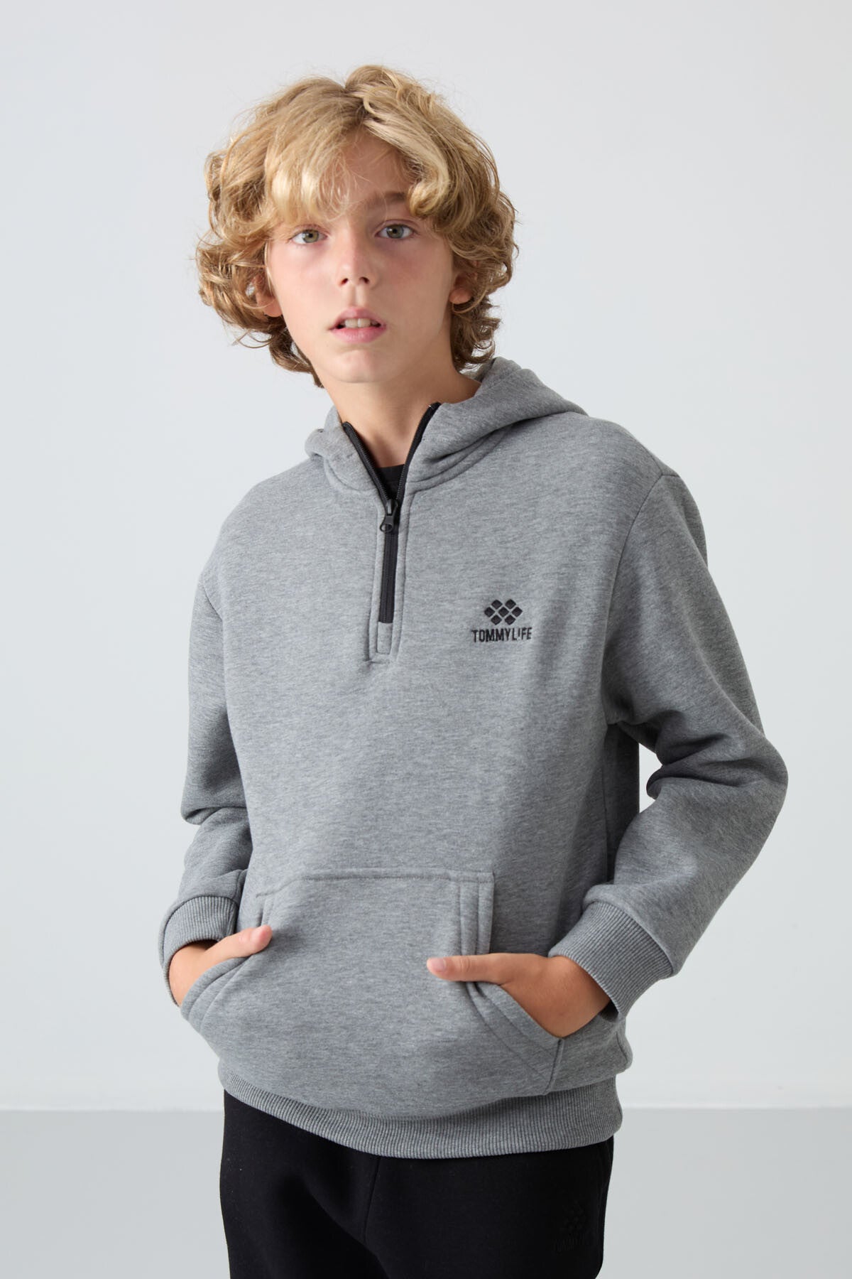 Grey Melange Cotton Thick Fleece-Lined Soft Textured Standard Fit Embroidered Boys' Sweatshirt - 11244