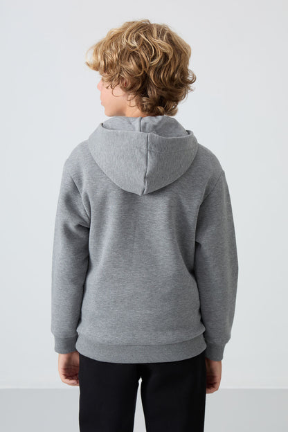 Grey Melange Cotton Thick Fleece-Lined Soft Textured Standard Fit Embroidered Boys' Sweatshirt - 11244