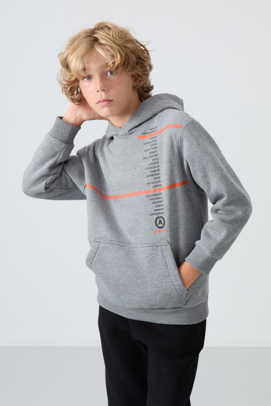 Grey Melange Cotton Thick Fleece-Lined Soft Textured Standard Fit Printed Boys' Sweatshirt - 11239