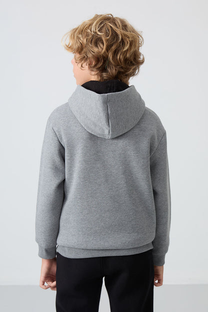Grey Melange Cotton Thick Fleece-Lined Soft Textured Standard Fit Printed Boys' Sweatshirt - 11239
