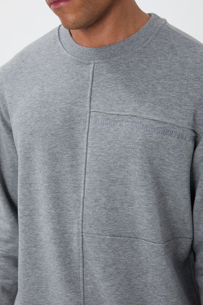 Grey Melange Compact Cotton Thick Smooth Textured O Collar Standard Fit Men's Sweatshirt -88405