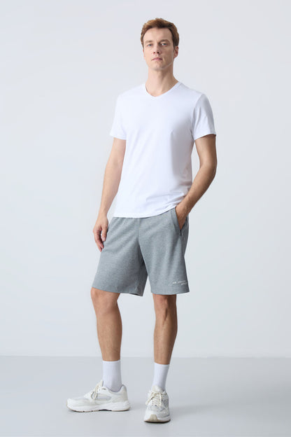 Grey Melange Cotton Thick Soft Textured Standard Fit Basic Men's Shorts - 81276
