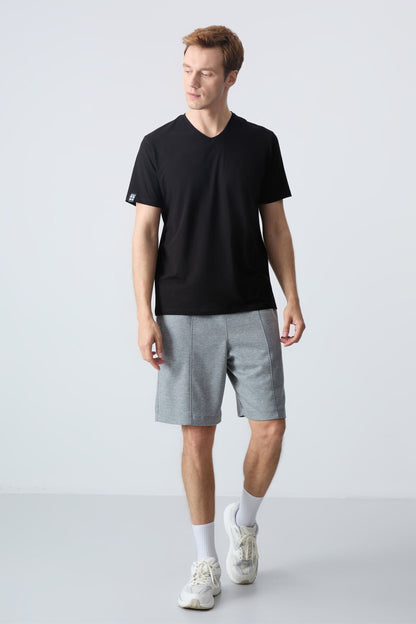 Grey Melange Cotton Thick Soft Textured Standard Fit Basic Men's Shorts - 81277