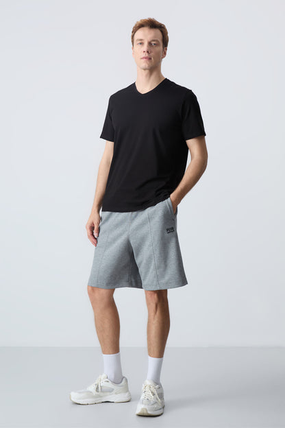 Grey Melange Cotton Thick Soft Textured Standard Fit Basic Men's Shorts - 81277