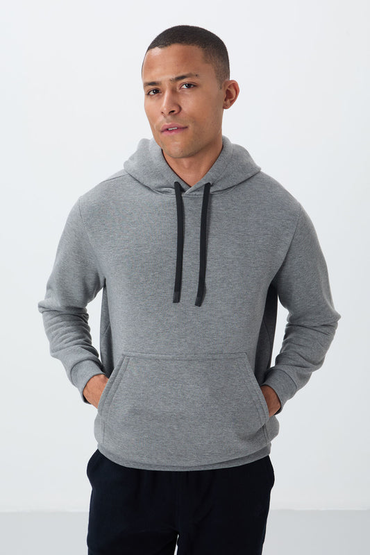 Grey Melange Cotton Thick Fleece-Lined Soft Texture Comfort Fit Embroidered Men's Sweatshirt - 88419